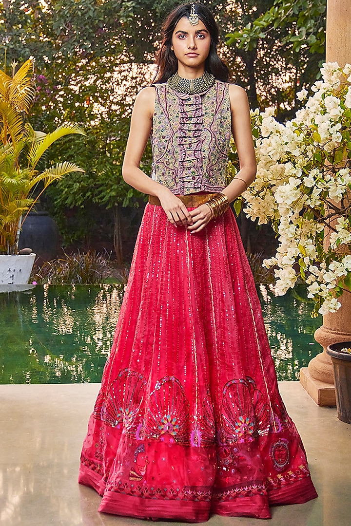 Red Hand Embroidered Ek Taar Bridal Lehenga Set by Jade by Monica and Karishma at Pernia's Pop Up Shop