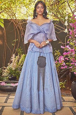 Aegean Blue Lehenga Set With Thread Work by Jade by Monica and Karishma