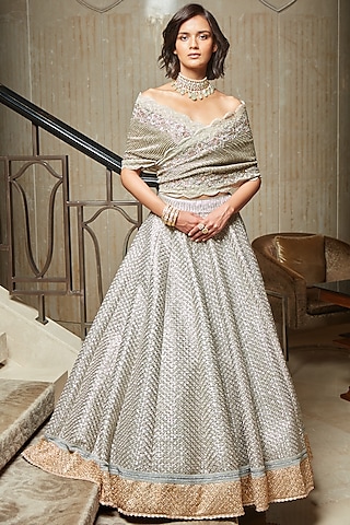 Silver Organza & Raw Silk Hand Embroidered Textured Lehenga Set by Jade by Monica and Karishma