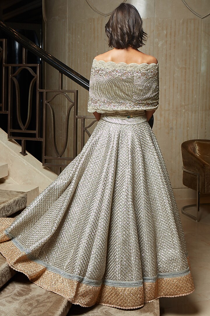 Silver Organza & Raw Silk Hand Embroidered Textured Bridal Lehenga Set by Jade by Monica and Karishma at Pernia's Pop Up Shop
