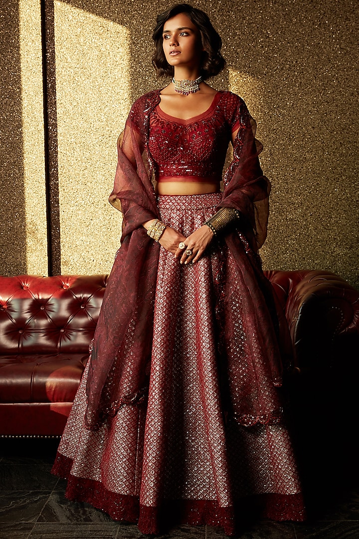 Marsala Brown Embellished Bridal Lehenga Set by Jade by Monica and Karishma at Pernia's Pop Up Shop