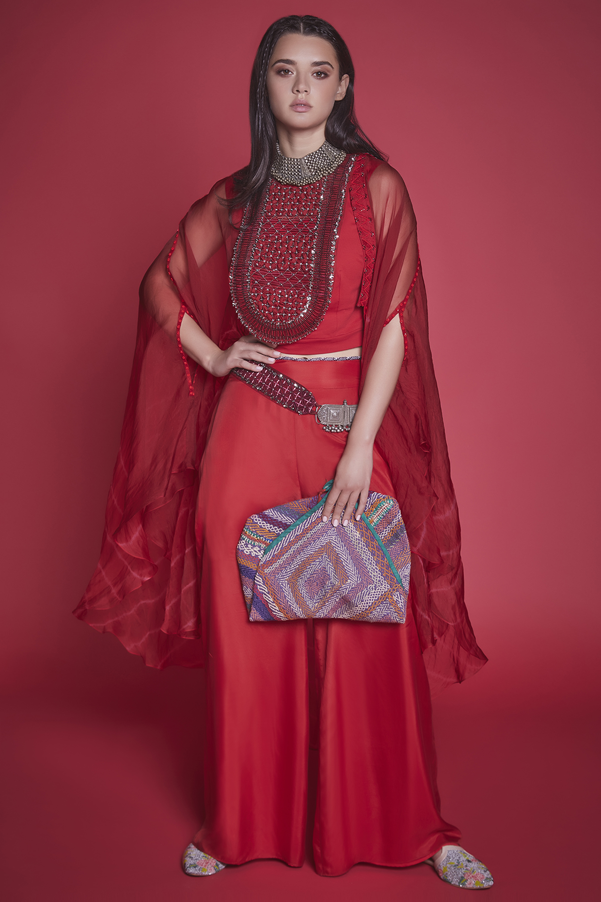 Red Embroidered Flared Pant Set by Jade By Monica And Karishma at Pernia's Pop Up Shop