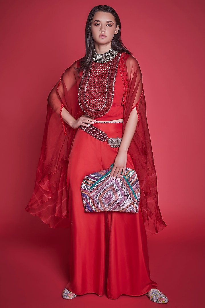 Red Embroidered Flared Pant Set by Jade By Monica And Karishma at Pernia's Pop Up Shop