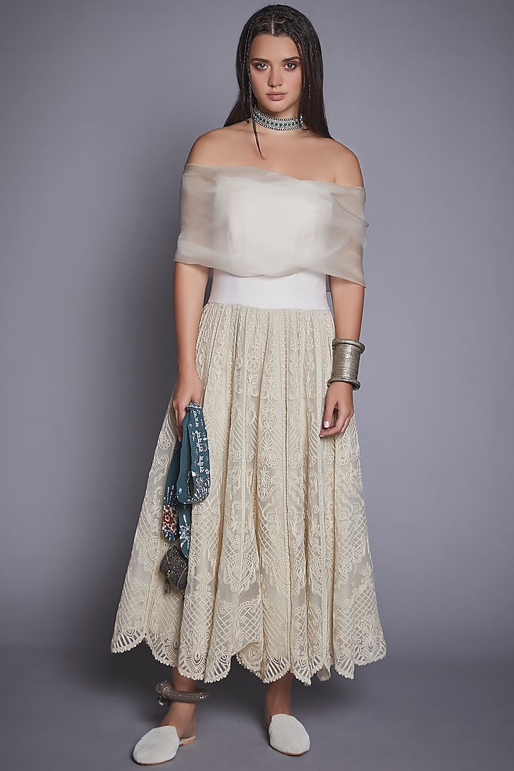 Beige Scalloped Skirt Set by Jade By Monica And Karishma