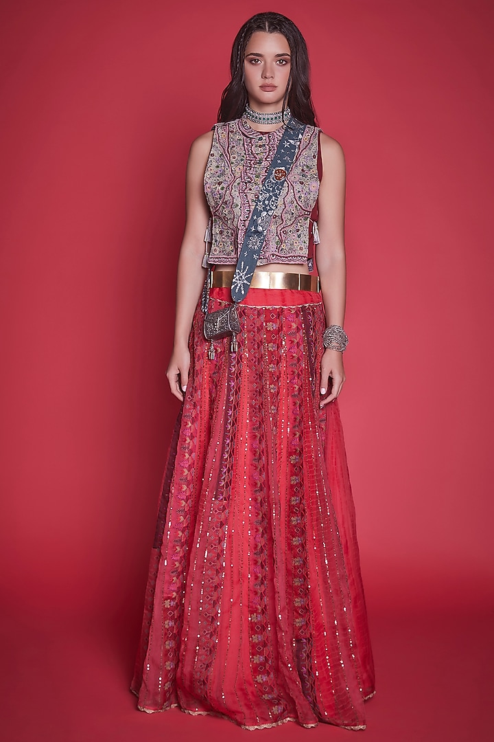 Red Embroidered Skirt Set by Jade By Monica And Karishma at Pernia's Pop Up Shop