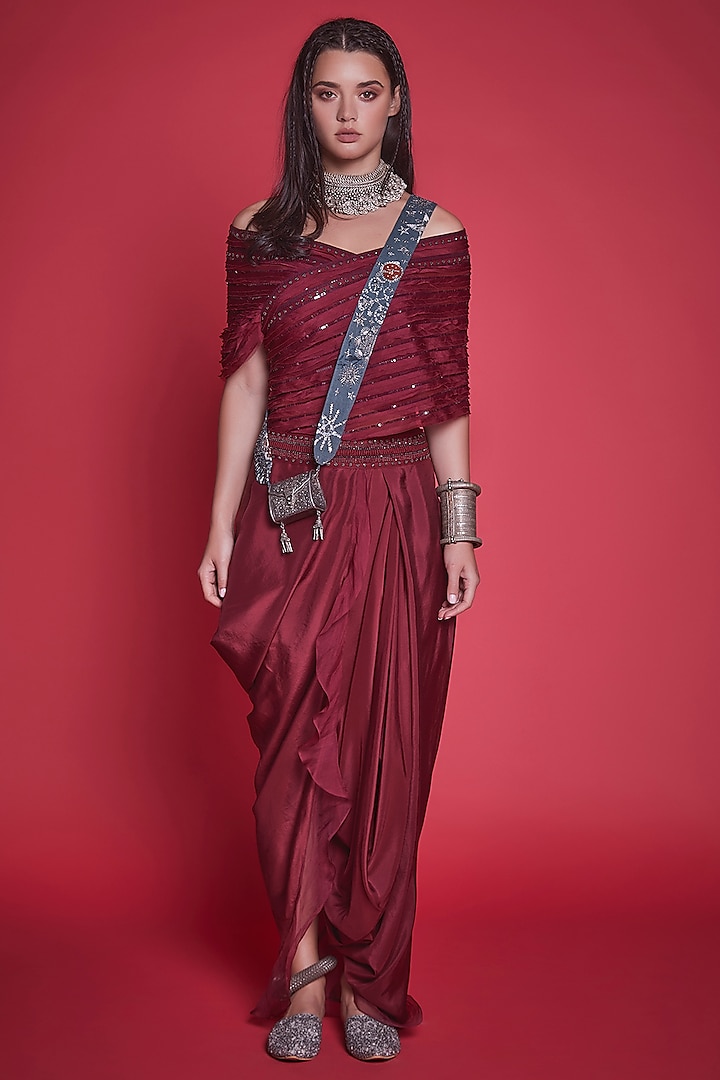 Marsala Red Embroidered Dhoti Set by Jade By Monica And Karishma