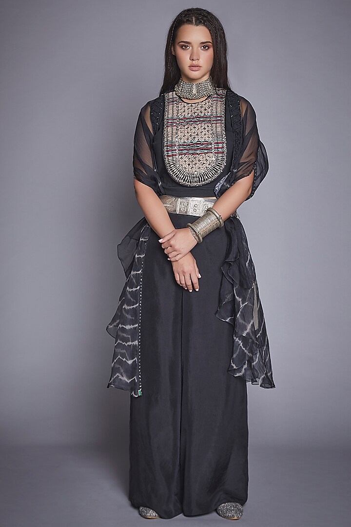 Black Embroidered Palazzo Pant Set by Jade By Monica And Karishma