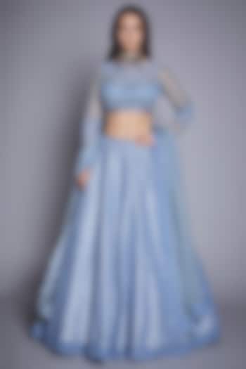 Aegean Blue Silk Lehenga Set With Handcrafted Blouse by Jade By Monica And Karishma