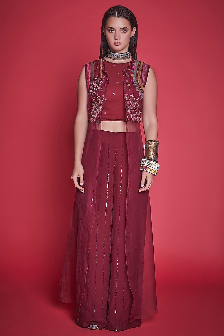 Maroon Embroidered Cape Set by Jade By Monica And Karishma