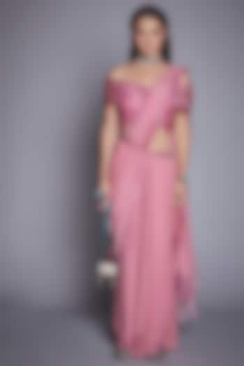 Dusty Pink Organza & Chiffon Pant Saree Set by Jade By Monica And Karishma