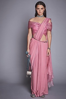 Dusty Pink Organza & Chiffon Pant Saree Set by Jade By Monica And Karishma