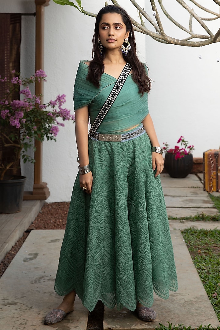 Jade Green Organza Bridal Sharara Set by Jade By Monica And Karishma at Pernia's Pop Up Shop