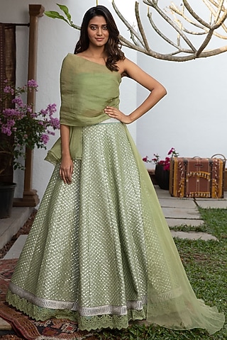 Kiwi Green Tulle Lehenga Set by Jade By Monica And Karishma