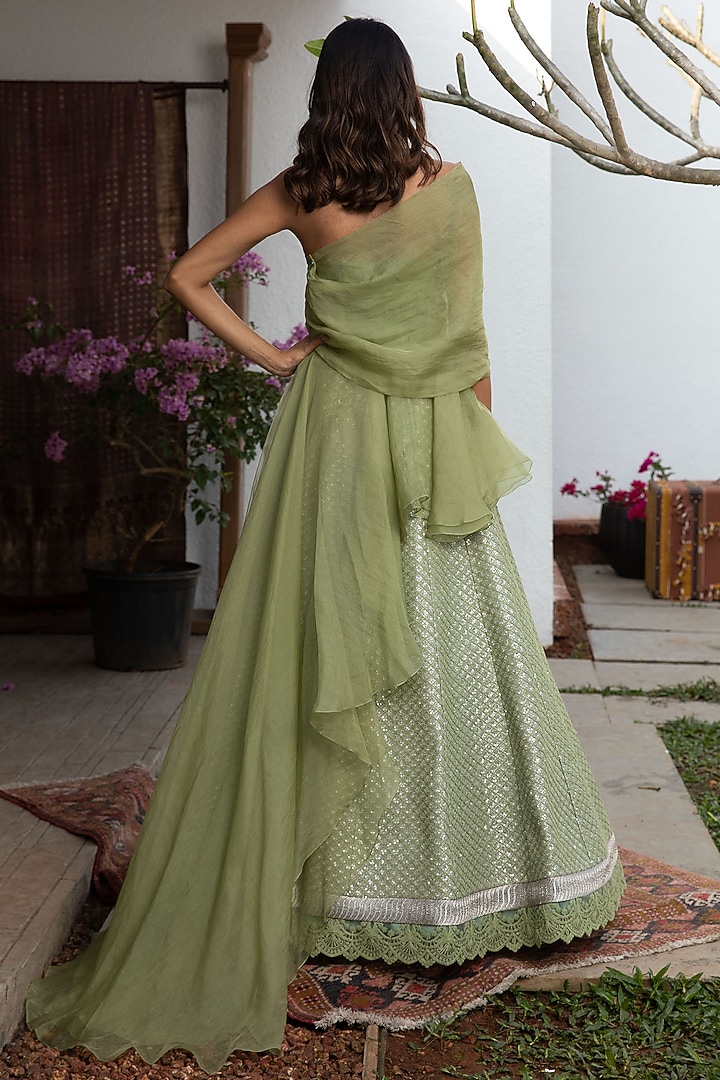 Kiwi Green Tulle Bridal Lehenga Set by Jade By Monica And Karishma at Pernia's Pop Up Shop