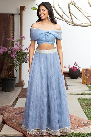 Aegean Blue Tulle Lehenga Set by Jade By Monica And Karishma