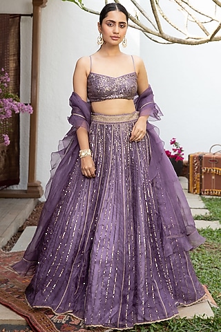 Lavender Organza Lehenga Set by Jade By Monica And Karishma