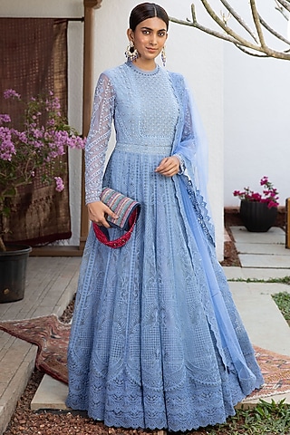 Aegean Blue Tulle Gown by Jade By Monica And Karishma