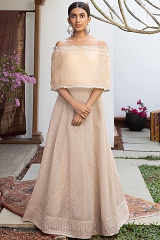 Sand Colored Organza & Tulle Gown by Jade By Monica And Karishma