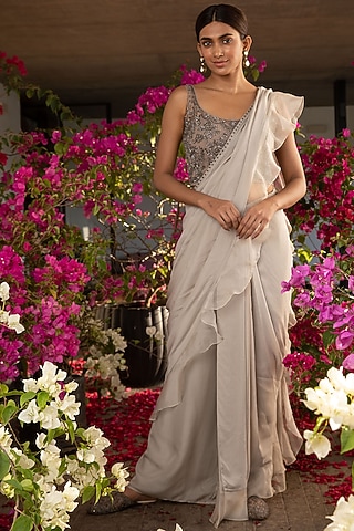 Silver Chiffon Ruffled Saree Set by Jade By Monica And Karishma