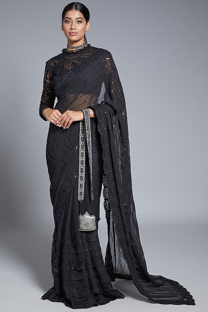 Black Georgette Reception Saree by Jade By Monica And Karishma at Pernia's Pop Up Shop