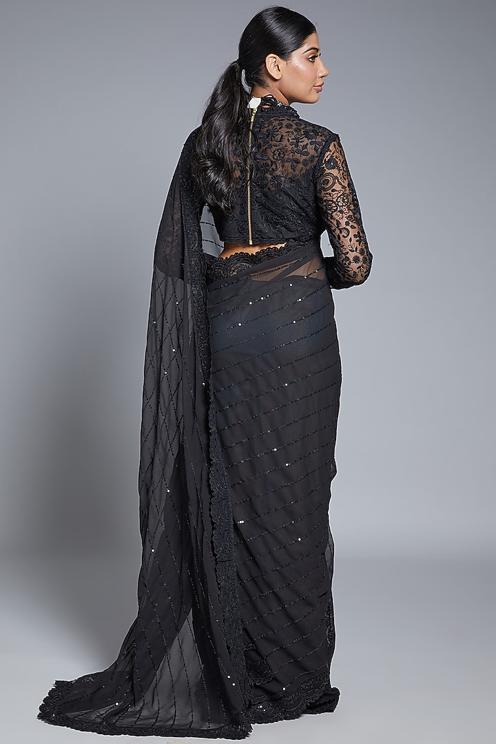 Black Georgette Reception Saree by Jade By Monica And Karishma at Pernia's Pop Up Shop