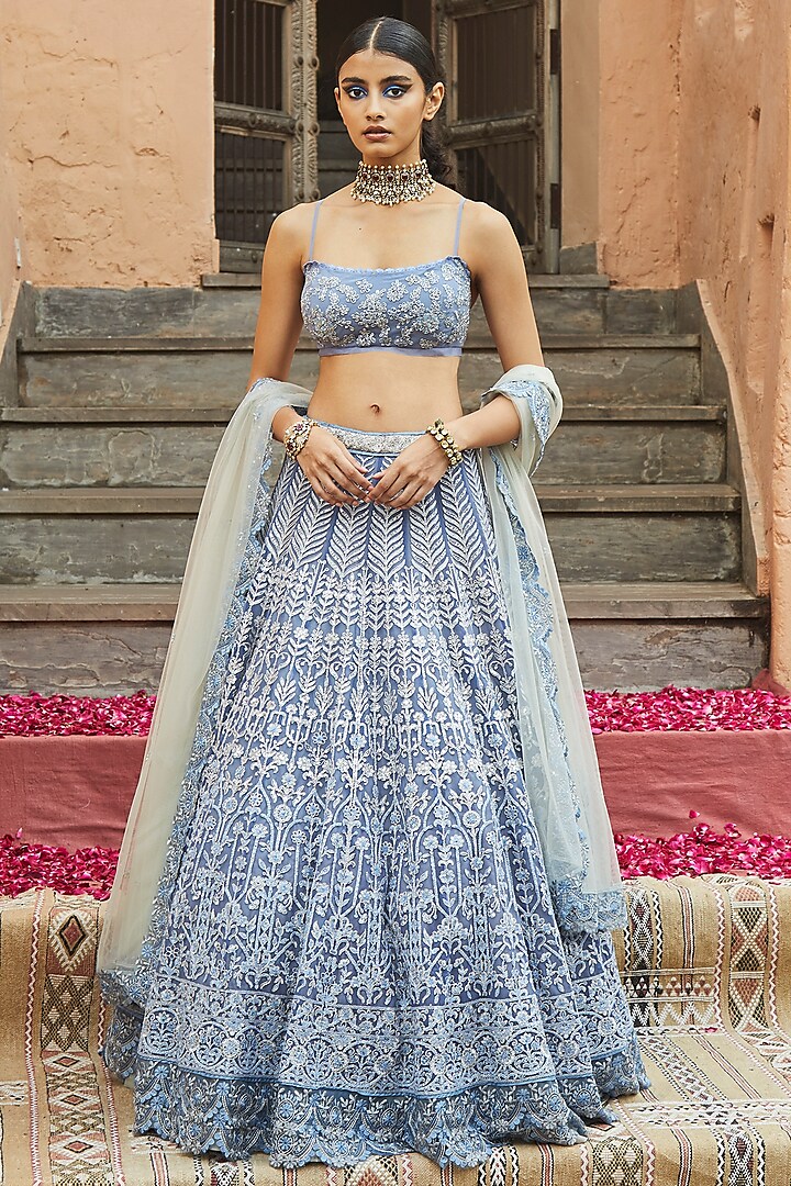 Aegean Blue Floral Embroidered Lehenga Set by Jade by Monica and Karishma