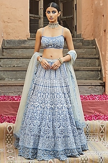 Aegean Blue Floral Embroidered Lehenga Set by Jade by Monica and Karishma-BRALETTE BLOUSES