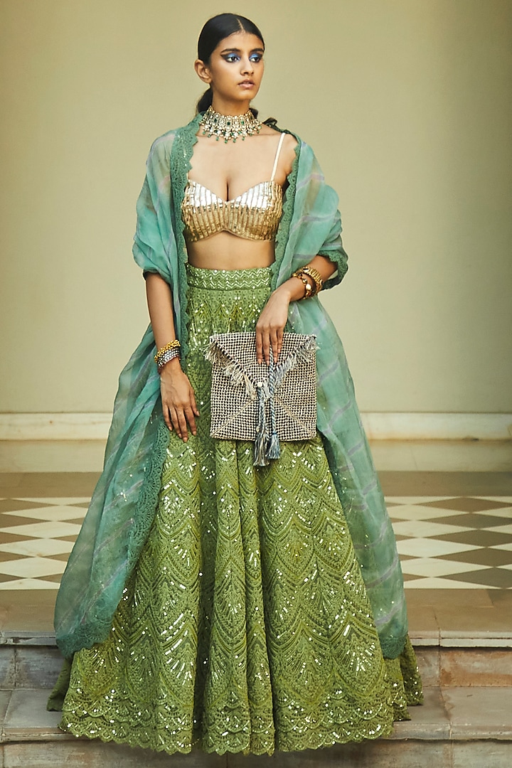 Lime Green Sequins Lehenga Set by Jade by Monica and Karishma