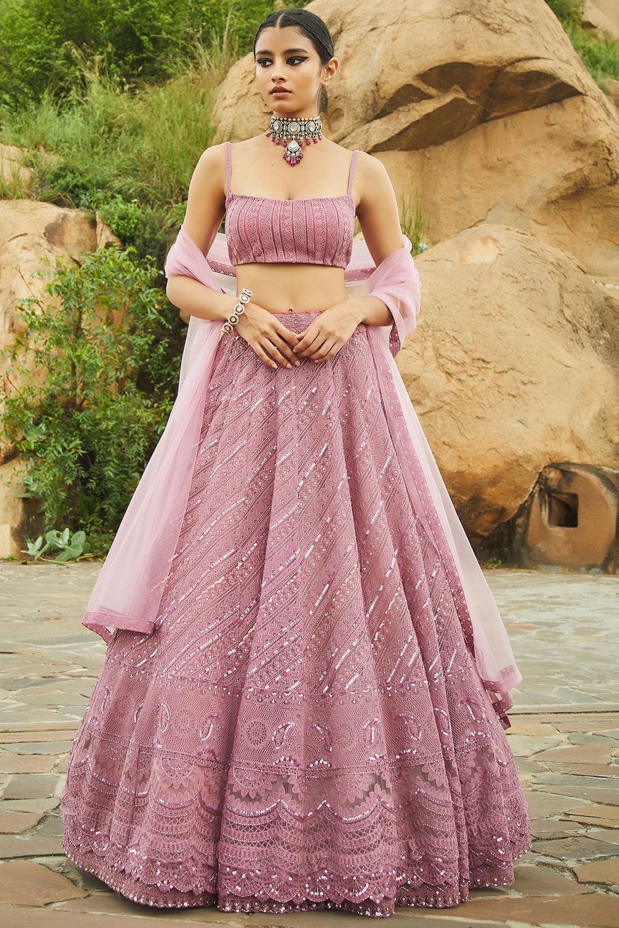 Dusty Pink Bridal Bridal Lehenga Set With Lace by Jade by Monica and  Karishma at Pernia's Pop Up Shop