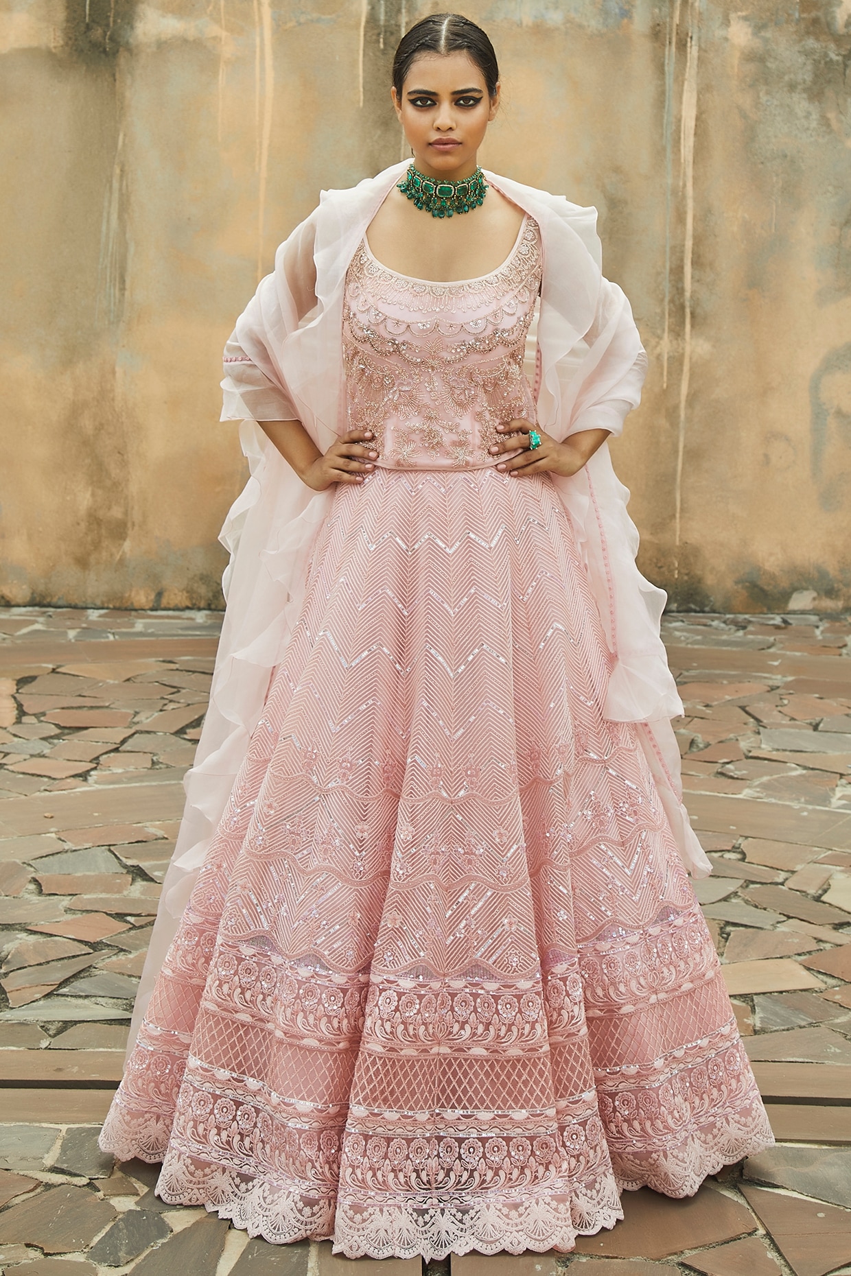Buy Dusty pink lehenga set by JADE by Monica and Karishma at Aashni and Co