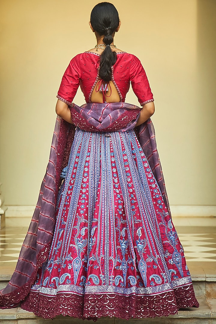Garnet Red & Aegean Blue Raw Silk Bridal Lehenga Set by Jade by Monica and Karishma at Pernia's Pop Up Shop