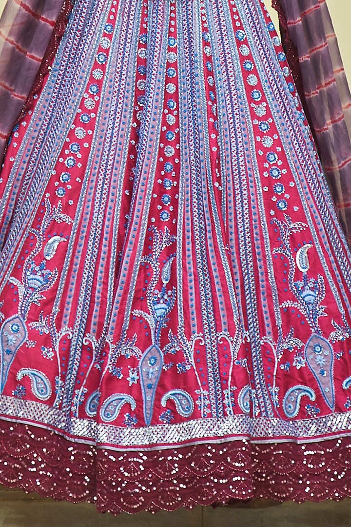 Garnet Red & Aegean Blue Raw Silk Bridal Lehenga Set by Jade by Monica and Karishma at Pernia's Pop Up Shop