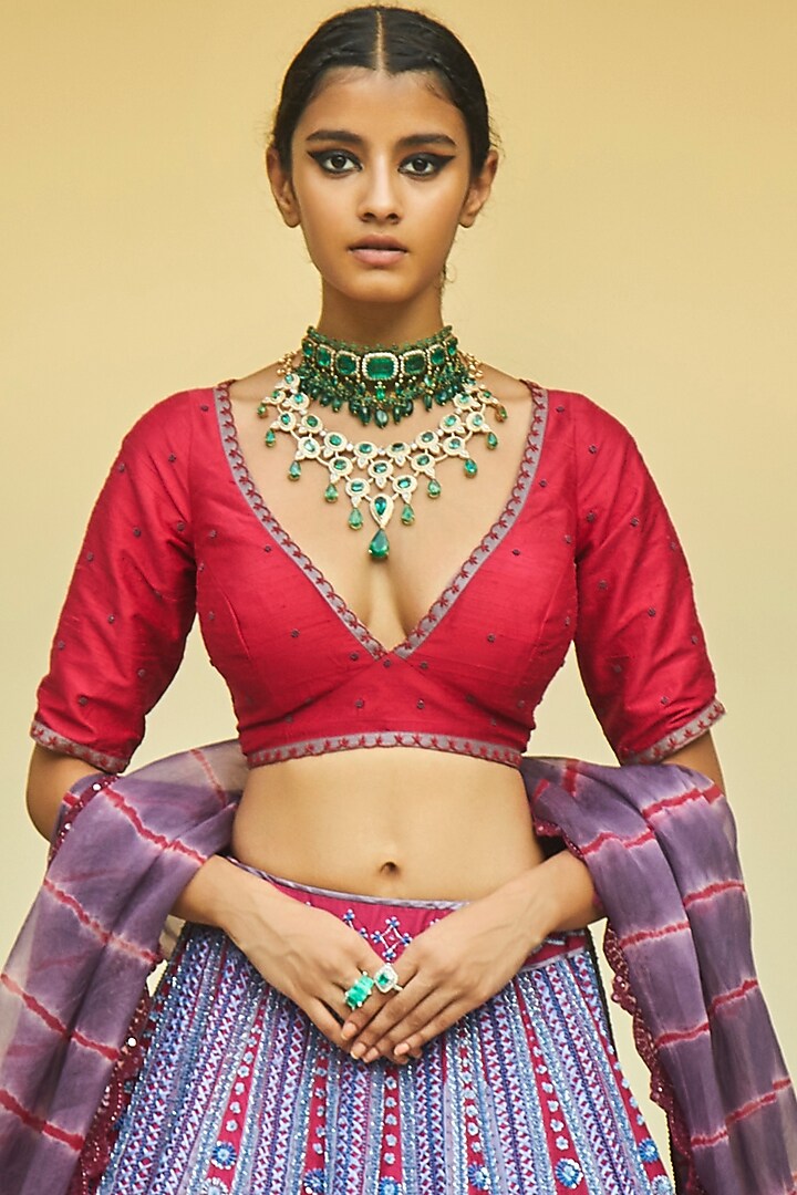 Garnet Red & Aegean Blue Raw Silk Bridal Lehenga Set by Jade by Monica and Karishma at Pernia's Pop Up Shop