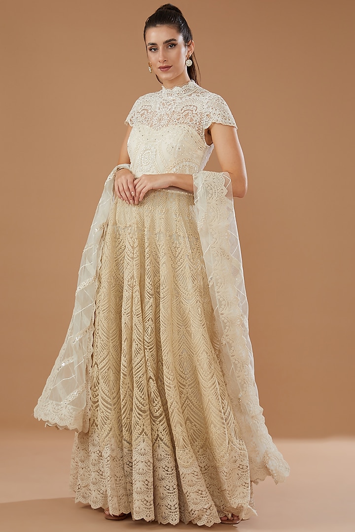Ivory Net Gown With Dupatta by Jade by Monica and Karishma