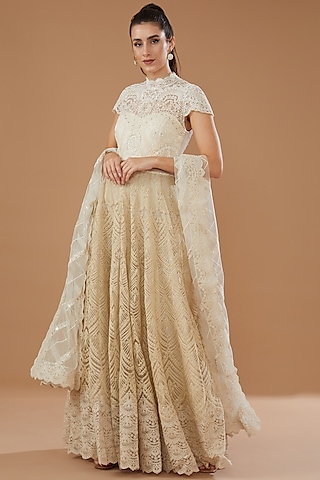 Ivory Net Gown With Dupatta by Jade by Monica and Karishma