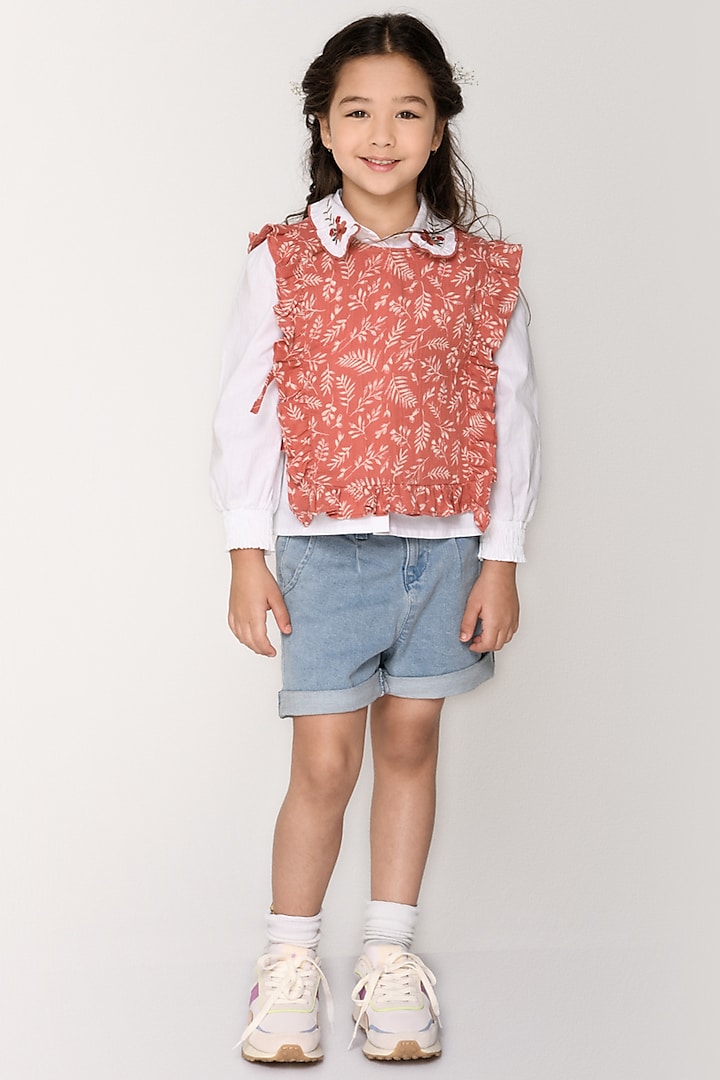 White Cotton Shirt With Red Bib For Girls by Jade Garden