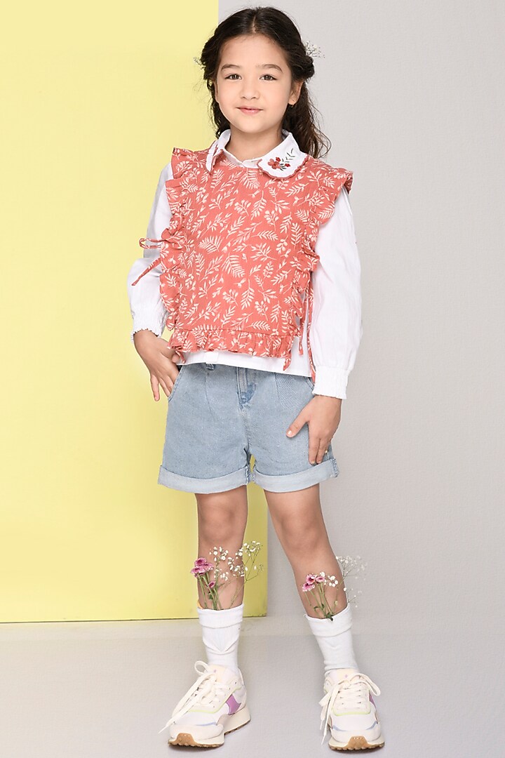 White Cotton Shirt With Red Bib For Girls by Jade Garden at Pernia's Pop Up Shop