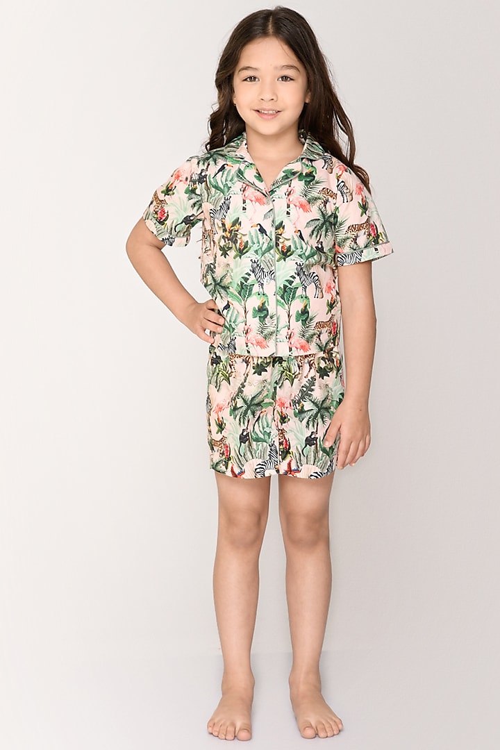 Green Cotton Printed Co-Ord Set For Girls by Jade Garden