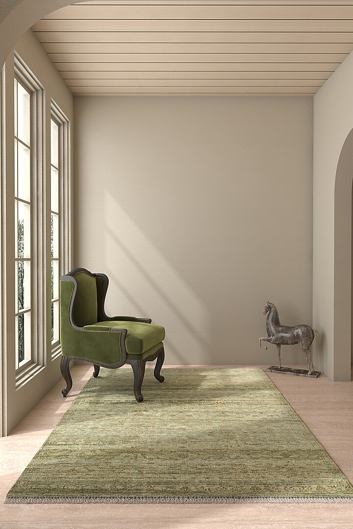 Leaf Green Wool Distressed Printed Area Rug by Jaipur Rugs at Pernia's Pop Up Shop