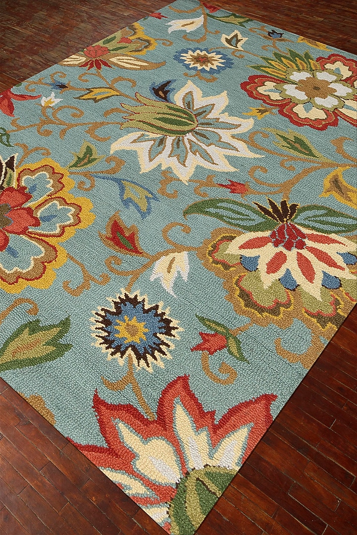 Light Turquoise Floral Wool Rug by Jaipur Rugs at Pernia's Pop Up Shop