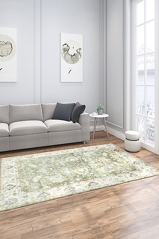 Sea Green Wool Yarn & Cotton Handknotted Rug by Jaipur Rugs