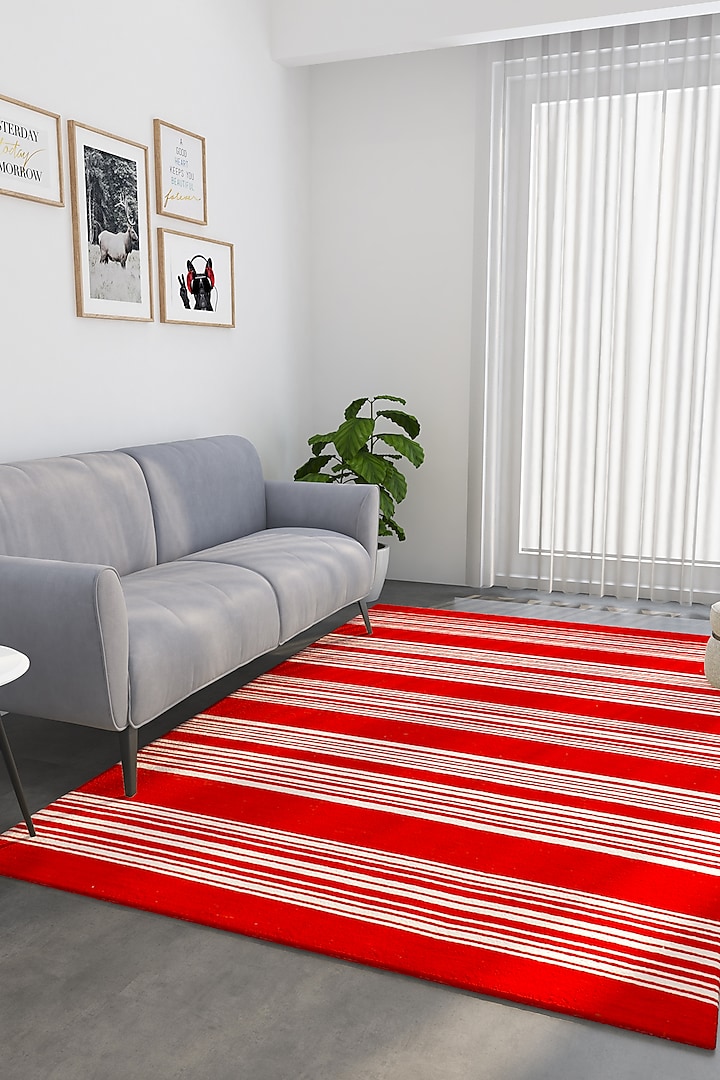 Mars Red Wool Yarn Stripe Printed Rug by Jaipur Rugs