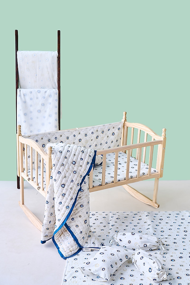 White Cotton & Muslin Hand Printed Baby Bedding Cot Set by Jaipur Gate at Pernia's Pop Up Shop