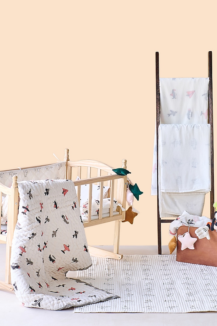White Cotton & Muslin Hand Printed Baby Bedding Cot Set by Jaipur Gate at Pernia's Pop Up Shop