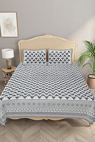 Grey Cotton Mix Printed & Handcrafted King Size Bedsheet Set by Jaipur Gate