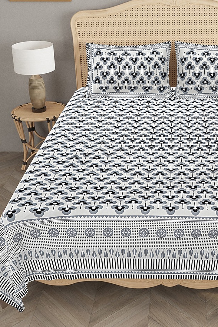 Grey Cotton Mix Printed & Handcrafted King Size Bedsheet Set by Jaipur Gate at Pernia's Pop Up Shop