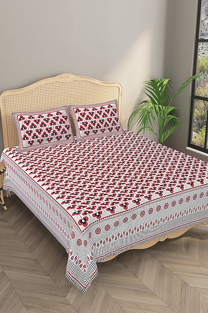 Red Cotton Mix Printed & Handcrafted King Size Bedsheet Set by Jaipur Gate