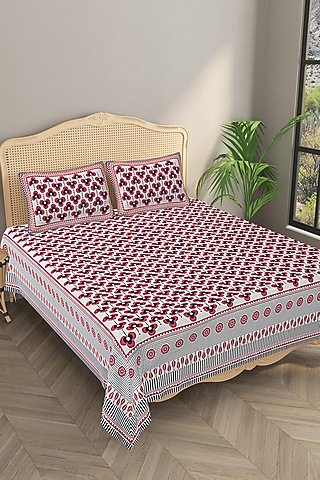 Red Cotton Mix Printed & Handcrafted King Size Bedsheet Set by Jaipur Gate