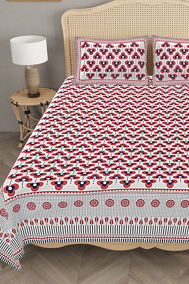 Red Cotton Mix Printed & Handcrafted King Size Bedsheet Set by Jaipur Gate at Pernia's Pop Up Shop