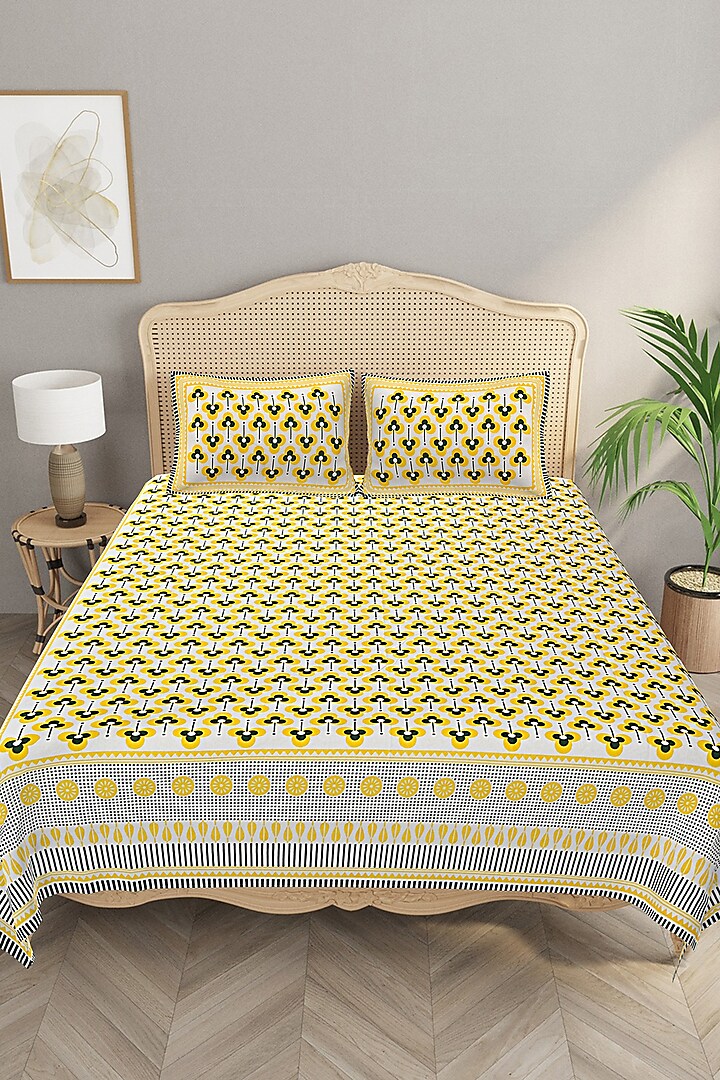 Yellow Cotton Mix Printed & Handcrafted King Size Bedsheet Set by Jaipur Gate